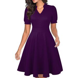 Womens Dark Purple Short Puff Sleeve Semi-Formal Summer Dress With Pockets